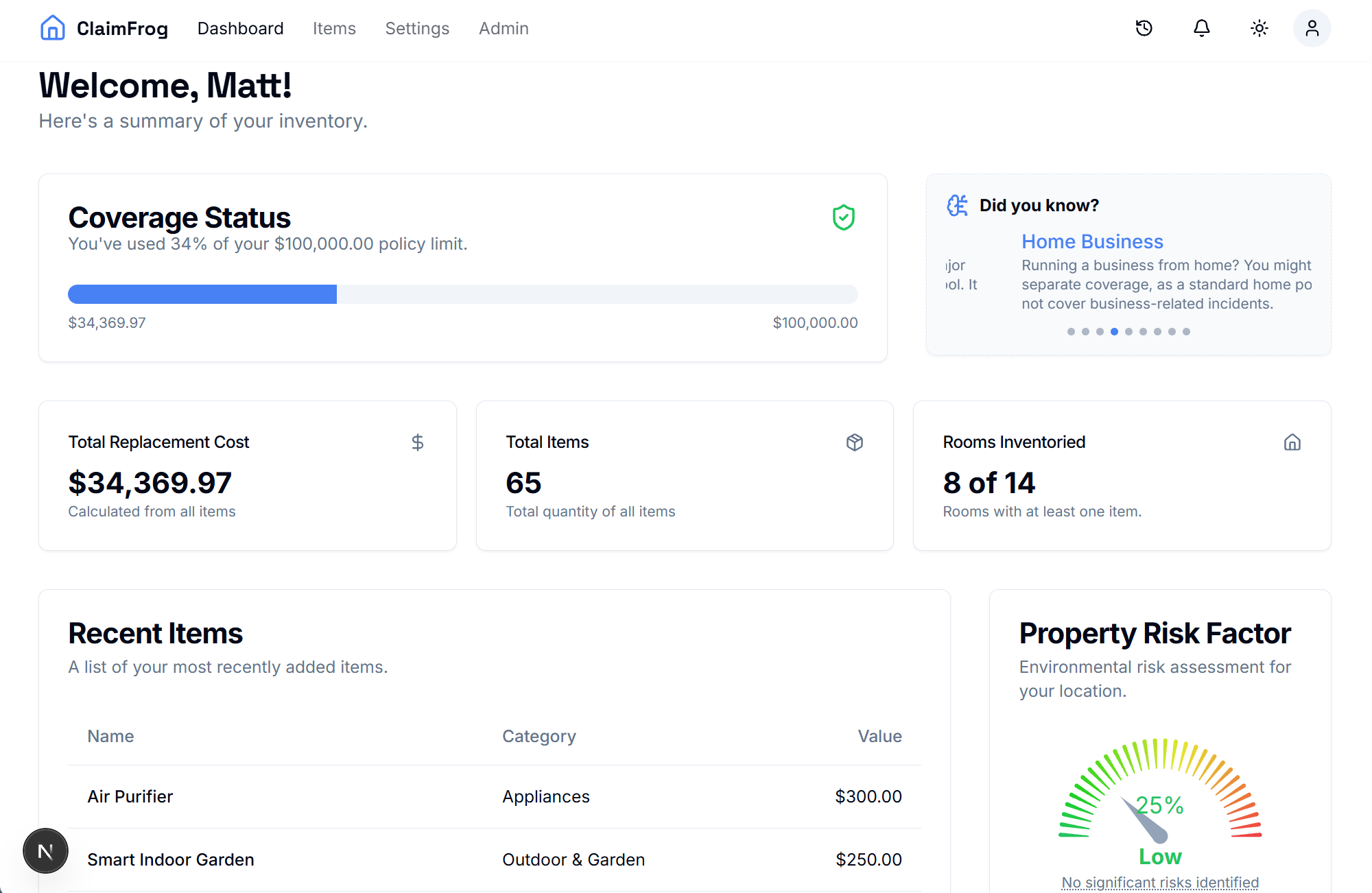 The Claimfrog app dashboard showing a home inventory with item photos, names, and values, demonstrating a clear and organized way to be prepared for insurance.