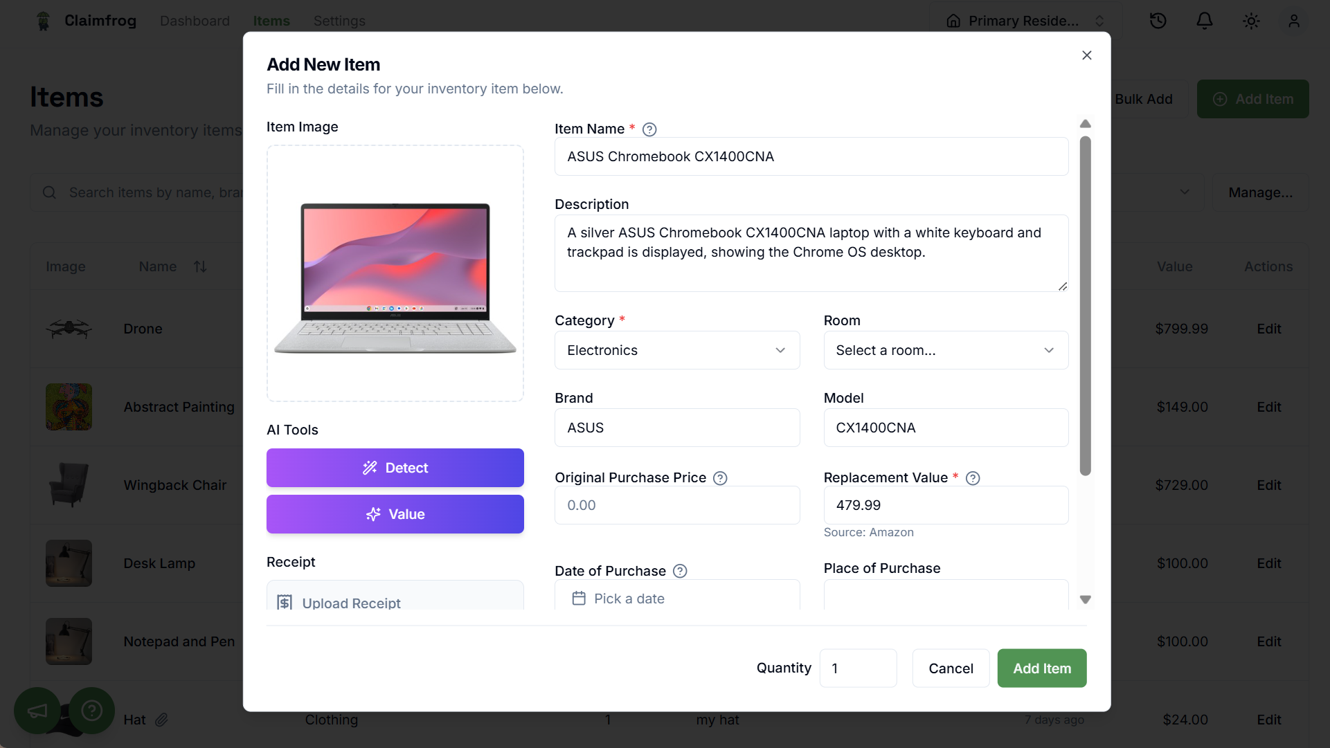 A generated insurance report from Claimfrog, displaying a professional-looking PDF with a list of items, photos, and total value.
